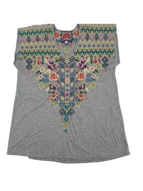 Johnny Was Women’s Size M Gray Embroidered Scoop Neck Oversized Shirt SEE DESC